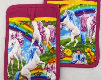 Two Square Pocket Pot Holders - UNICORNS, fantasy, rainbows, flowers, blue sky, happy