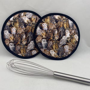 Dos agarraderas redondas para ollas - MINI BÚHOS, lechuza común, búho nival, búho barrado