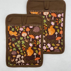 Two Square Pocket Pot Holders - SQUIRRELS and HEDGEHOGS, mushrooms, ivy, flowers, forest