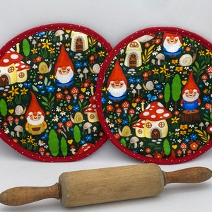 Two Pot Holders - GNOMES with MUSHROOM houses and snails