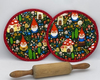 Two Pot Holders - GNOMES with MUSHROOM houses and snails