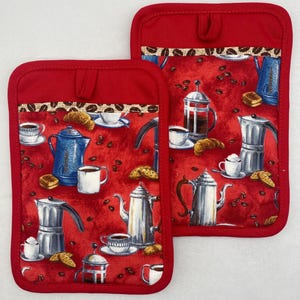 Two Square Pocket Pot Holders - COFFEE POTS, French press, moka pot, coffee server, beans, biscotti