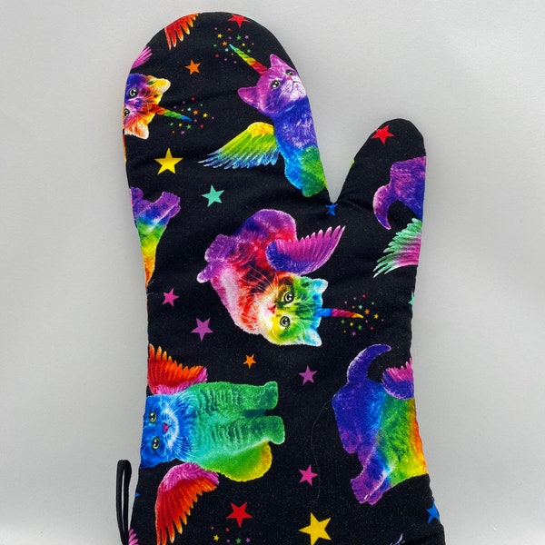 Oven Mitt - RAINBOW UNICORN Pegasus KITTIES, magic, stars