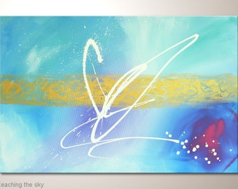 Wall picture in turquoise and white: "Reaching the sky" Modern art picture hand-painted. Artistic acrylic painting. Abstract pictures for the living room, decoration