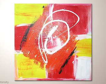 Abstract original square picture: "Intensity". Modern art - hand-painted artwork in red and yellow. Abstract pictures for the living room