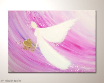 Ange gardien, peinture acrylique originale d’image d’ange « Suivez votre cœur » - Art d’ange spirituel sur toile, images d’art originales de l’artiste