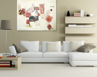 May include: Abstract painting with red, pink, and white shapes on a white background. The painting is hanging on a wall above a white couch.