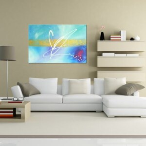 Wall picture in turquoise and white: Reaching the sky Modern art picture hand-painted. Artistic acrylic painting. Abstract pictures for the living room, decoration image 3