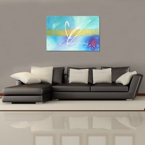 Wall picture in turquoise and white: Reaching the sky Modern art picture hand-painted. Artistic acrylic painting. Abstract pictures for the living room, decoration image 2