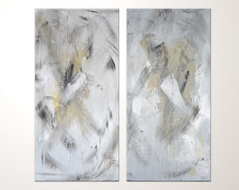 Two-Piece Acrylic Painting with Silver and Ocher – Modern Diptych Canvas Art, Abstract Wall Art for Living Room & Office. Unique Wall Decor