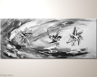 Image originale en noir et blanc, peinture acrylique peinte à la main "Moving Stars" image design sur toile 140 x 60 cm. Acheter des tableaux d’art moderne à bas prix