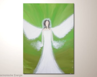 Guardian angel, original angel painting acrylic painting "Harmonious Energy" - Spiritual angel art green, white. Original art pictures by the artist