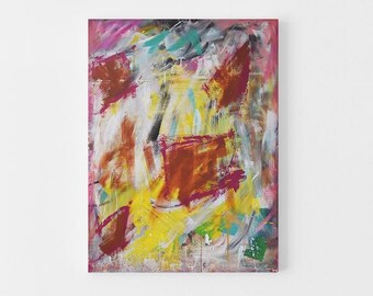 May include: Abstract painting with bold strokes of red, yellow, white, and blue paint. The painting has a textured surface and a modern style.