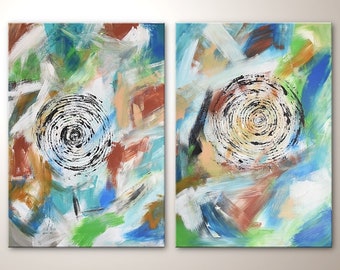 Abstract colorful picture in two parts on canvas: "Color Action". Modern art - hand-painted work of art. Abstract pictures for the living room, decoration