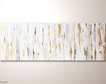 Acryl schilderijen abstract acryl schilderij: "Elegante" muurschilderingen Modern -Hand geschilderd op canvas. Afbeelding in White Gold Grey. Canvas afbeelding in groot formaat