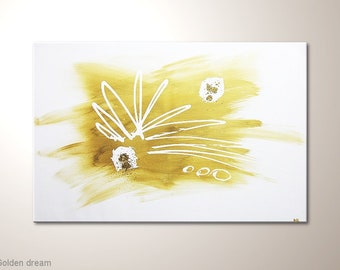 Tableau mural élégant, peinture acrylique originale "Golden Dream" - tableau élégant en or blanc, 90 x 60 cm. Images d'art moderne originales de l'artiste