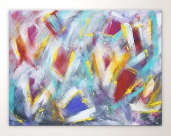 May include: Abstract painting featuring bold strokes of red, yellow, white, blue, and purple paint. The painting has a dynamic and energetic feel.