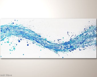 Abstract Painting "Fresh Wave" Living Room decor, Bedroom Wall Art on Canvas, Fine Art Wall Hanging, Above Bed, Original Blue White Silver