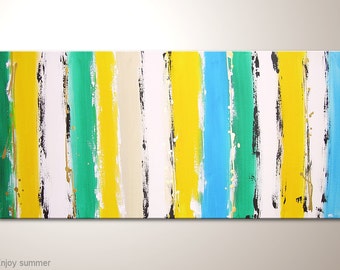 Canvas wall art with yellow white green and blue colors: "Enjoy summer" 47x24 inches - abstract artwork -contemporary wall decoration