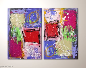 Textured colorful canvas art : "Dynamic world" - Two part fine art with acrylics, 32x24 inches. Multicolor wall art on wooden frame