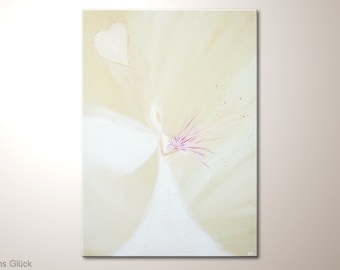 Fine art abstract angel painting: "Into the luck" - canvas wall hanging with white and sand colors 20x28 inches. Guardian angel wall art