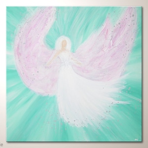 Canvas fine art angel painting - turquois, white and pink colors: &quot;Angel magic&quot; 24x24 inches wall art. Guardian angel wall hanging framed