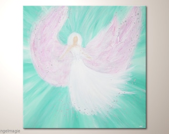 Canvas fine art angel painting - turquois, white and pink colors: "Angel magic" 24x24 inches wall art. Guardian angel wall hanging framed