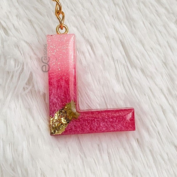 Light Pink Glitter, Magenta Mica, and Gold Foil Flakes | Resin Initial Keychain | Custom Letter Keychain | Keychain Gift