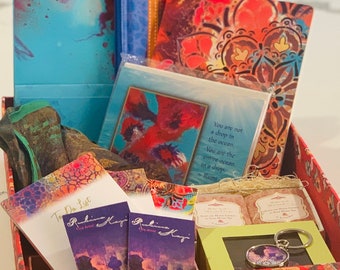 Luxury gift set  Gift Set - Silk Scarf, Original art greeting cards, Handcrafted soaps, Travel pouch, Art Journal, Note pads