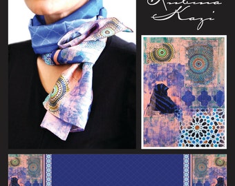 Moroccan Silk Scarf: Blue & Pink Berber Portrait, Hand-Painted Design