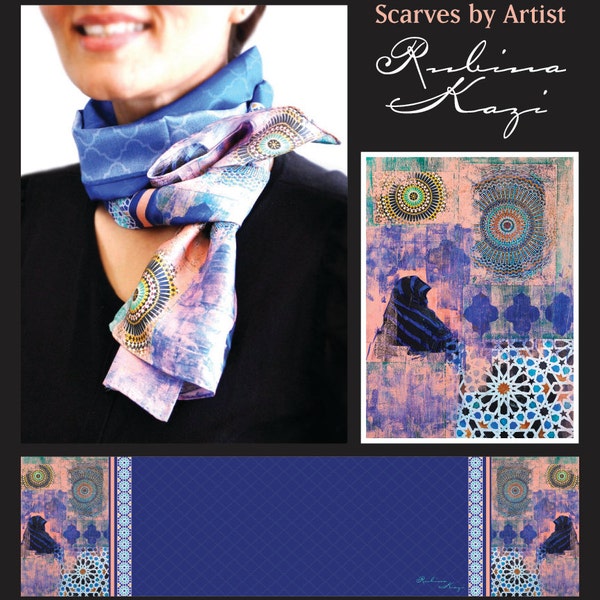Moroccan Scarf - Silk Scarf Women, Silk Neckerchief, Silk Cravat, Blue and Pink Scarf, Silk Face Scarf, Nurse Gift, Thank You Gift