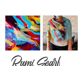Designer Rumi  Dervish Scarf -Silk Scarf, Bridal Scarf, Turquoise Scarf, Fashion Accessories, Art Scarf, Printed Silk Scarf, Summer Stole