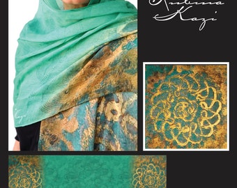 Turquoise Silk Scarf: Gold Mandala Art, Bridal Shawl