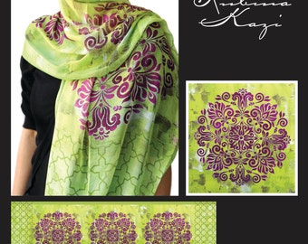 Lime Green Silk Scarf: Hand-Painted Purple Mandala, Khimar Head Cover