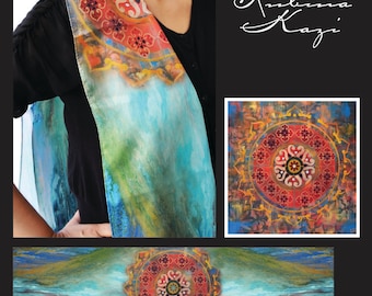 Silk Art Scarf: Hand-Painted Mandala Design, Turquoise Gold Scarf (24x72)