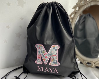 Personalised Embroidered Applique Name Drawstring PE Gym Bag Sac School bag Picnic Bag Childrens Bag, Liberty london , Monogram