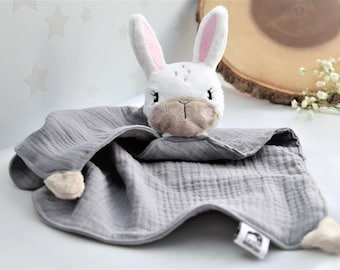 Bunny Comforter ,Handmade muslin Bunny Blanket, Comforter,  Ears and faces embroidered ,Perfect newborn, keepsake, baby, toddler, 1st
