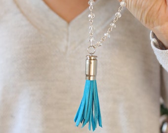 Necklace: Blue Beaded Bullet Tassel
