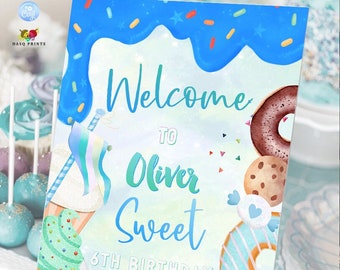 Blue Sweet Birthday Party Welcome Sign icecream boy Donut Party Pastel Rainbow Sprinkle Photo 0321