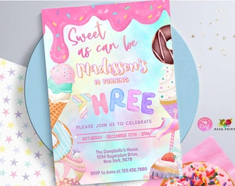 Sweet as can be girl 3rd birthday invitation Donut Marshmallow Girl Donut Party  Pastel Rainbow ice cream Sprinkle Photo 0320