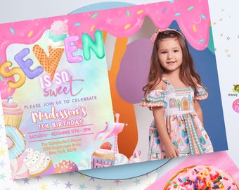 Seven is so sweet 7th Birthday Invitation Birthday Party Invitation  Pastel Donut  Girl Donut Party  Pastel Rainbow Sprinkle Photo 0320