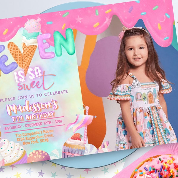 Seven is so sweet 7th Birthday Invitation Birthday Party Invitation  Pastel Donut  Girl Donut Party  Pastel Rainbow Sprinkle Photo 0320