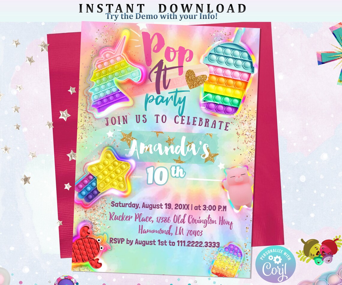 Pop It Bubble Fidget Toy Unicorn Birthday Party Invitation Without Photo