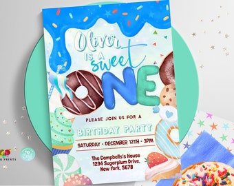 Boy Donut Sweet One Birthday Party Invitation Boy Donut Party Sprinkle Photo 0321