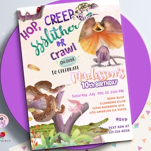 Editable Girl Reptile Birthday Party Invitation ,  Pink Lizard, Zoo Party, Crocodile Lizard Snake, Swamp Party,corjl 0290