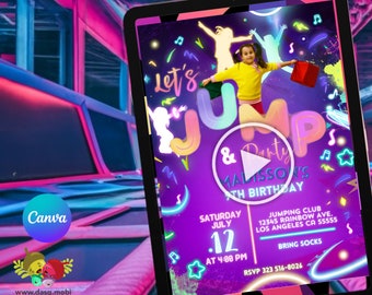 video Invitation Template photo Jump neon trampoline birthday party, vídeo party Bounce House Party Jump Party Let's Jump Twister0370