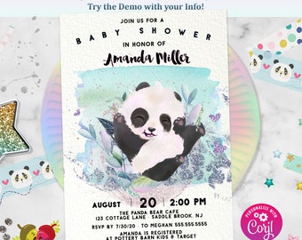 Editable Adorable Panda Bear  Baby Shower Invitation corjl