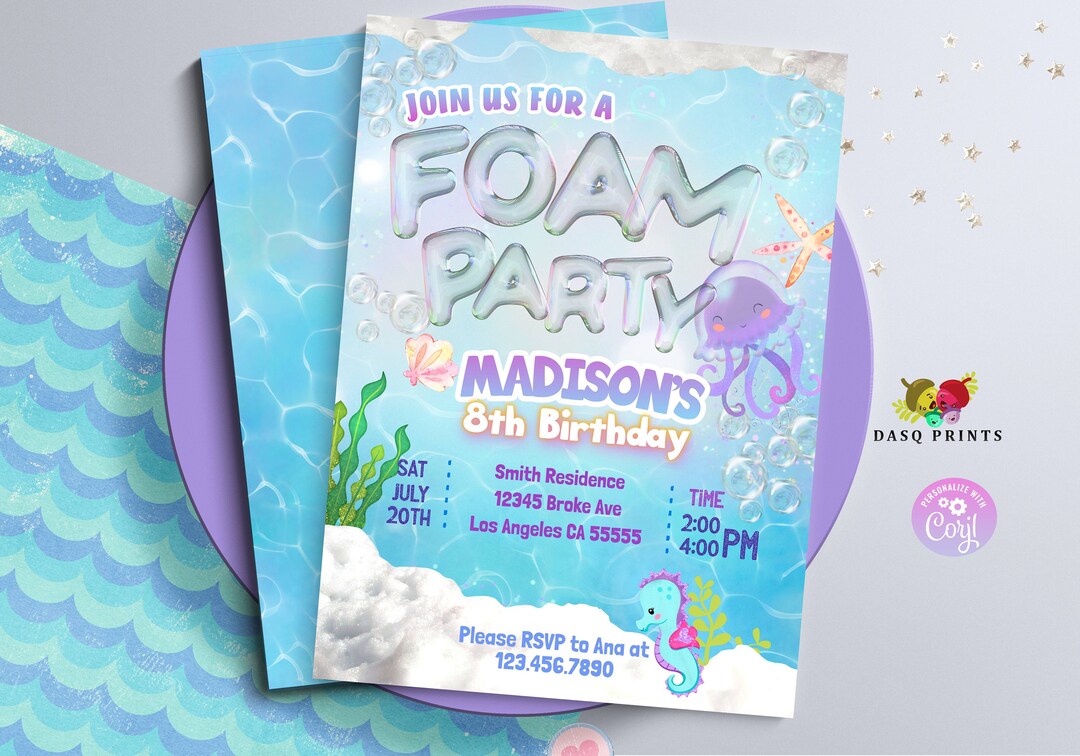 FOAM Party Birthday Invitation Foam Birthday Party Editable Etsy
