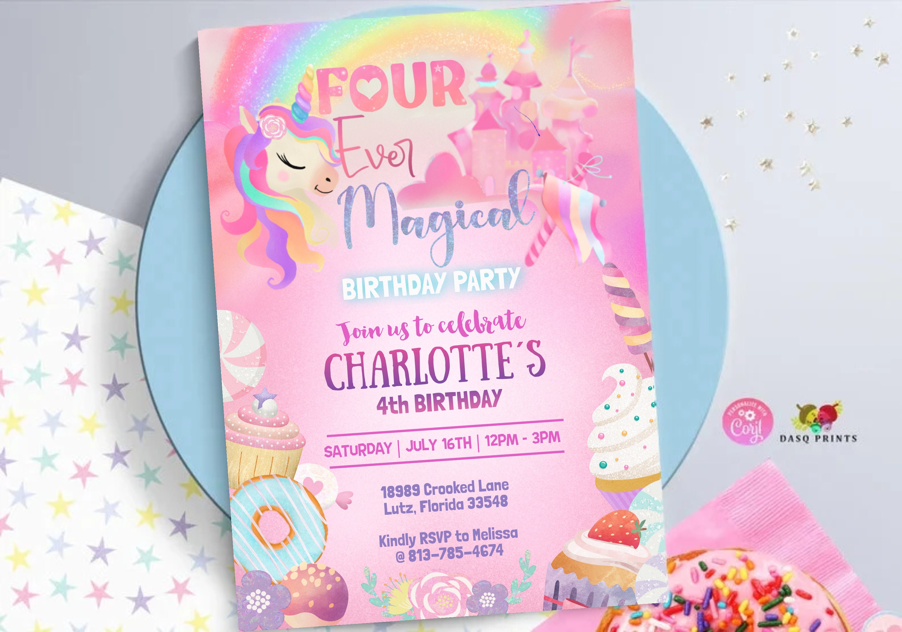 12 Sets Rainbow Unicorn Party Invitations Card Happy Birthday