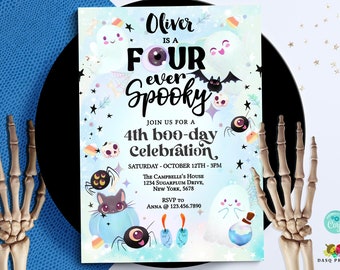 four ever Spooky 4th Halloween Invitation Spooktacular Cute blue Ghost 0350